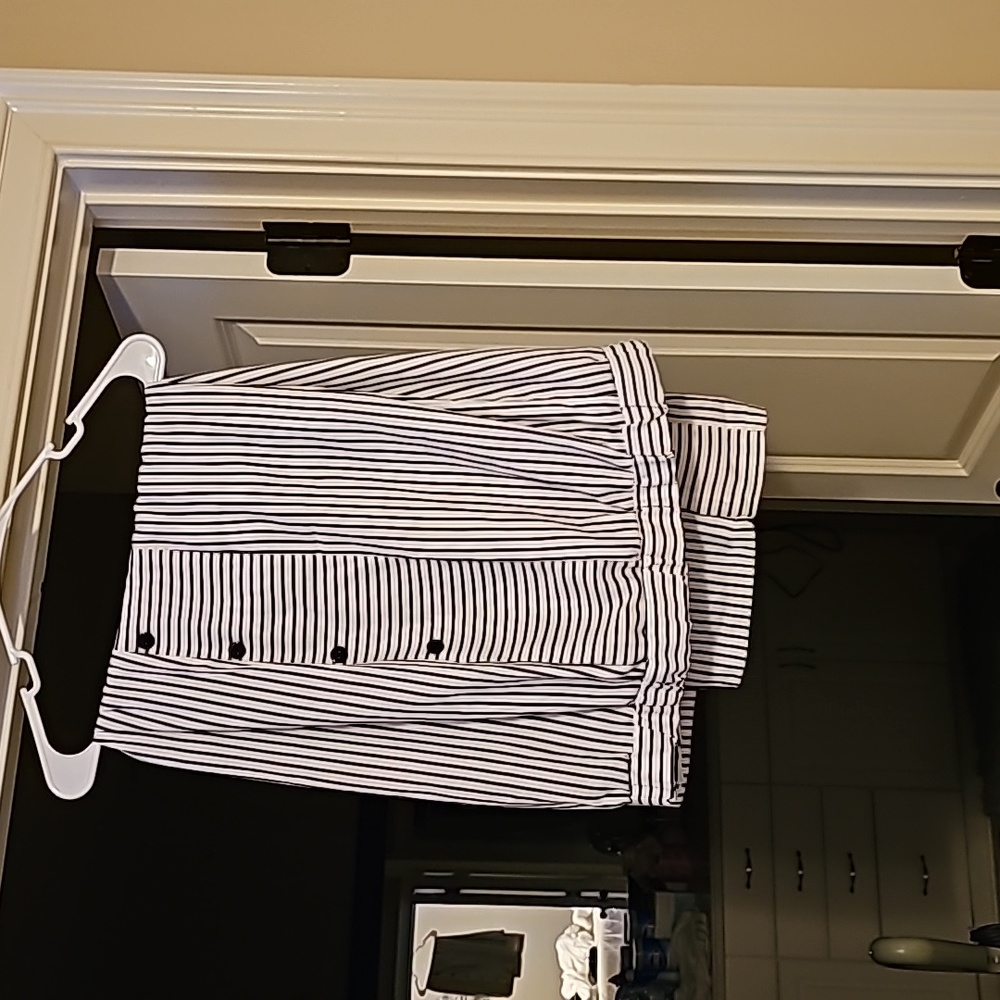 Women's 1X cotton polyester blend trousers. White with navy stripes.